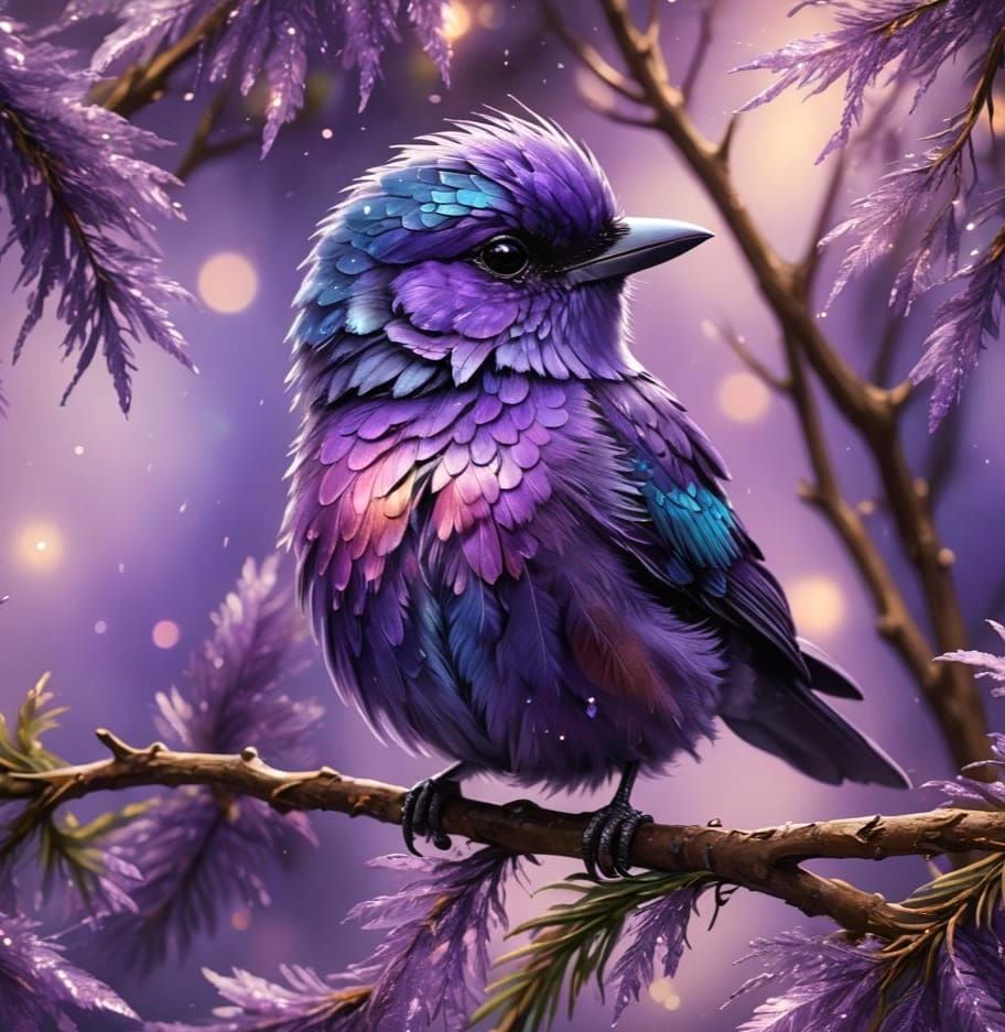 Iridescent Purple Bird on a Branch, Hyperrealistic Art