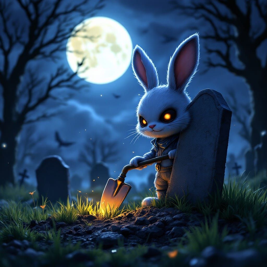 Cute Bunny Gravedigger in a Spooky Graveyard at Night
