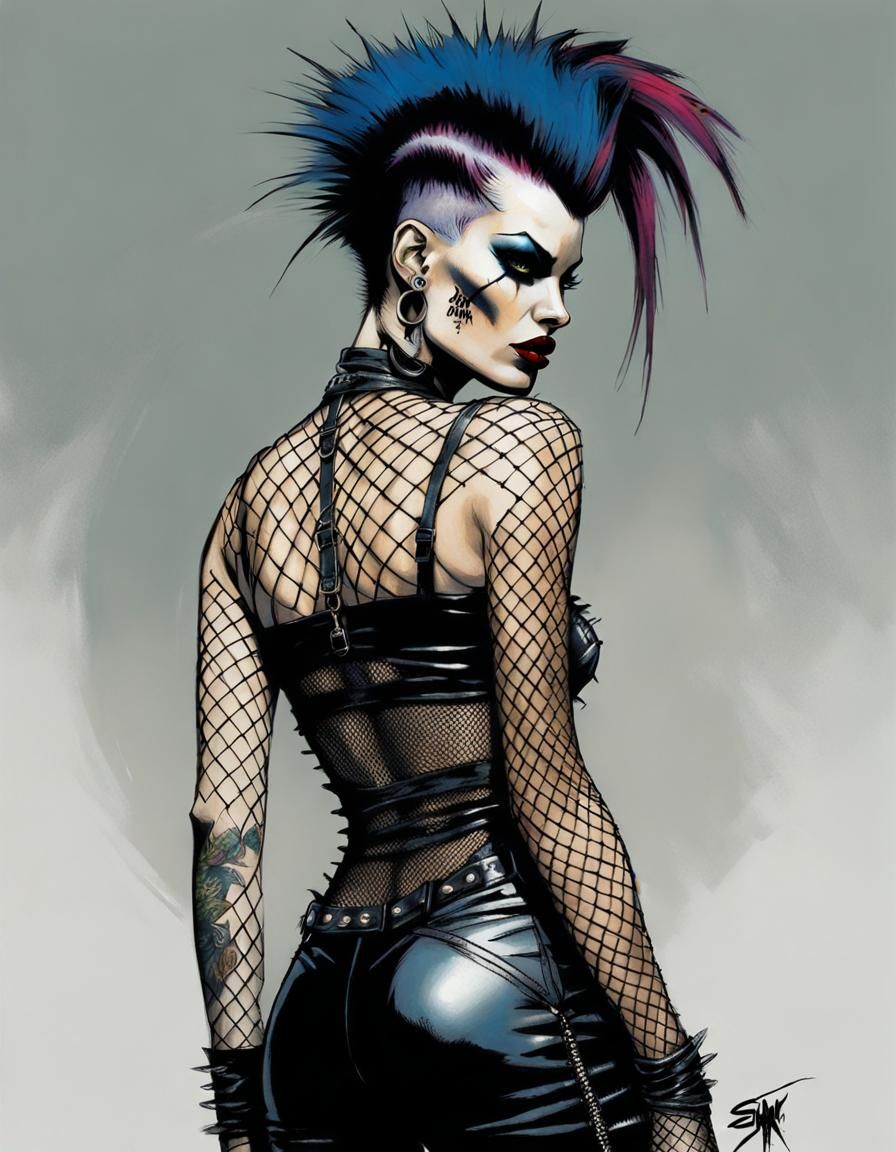 Punk Woman in Fishnet Jumpsuit, Comic Book Art