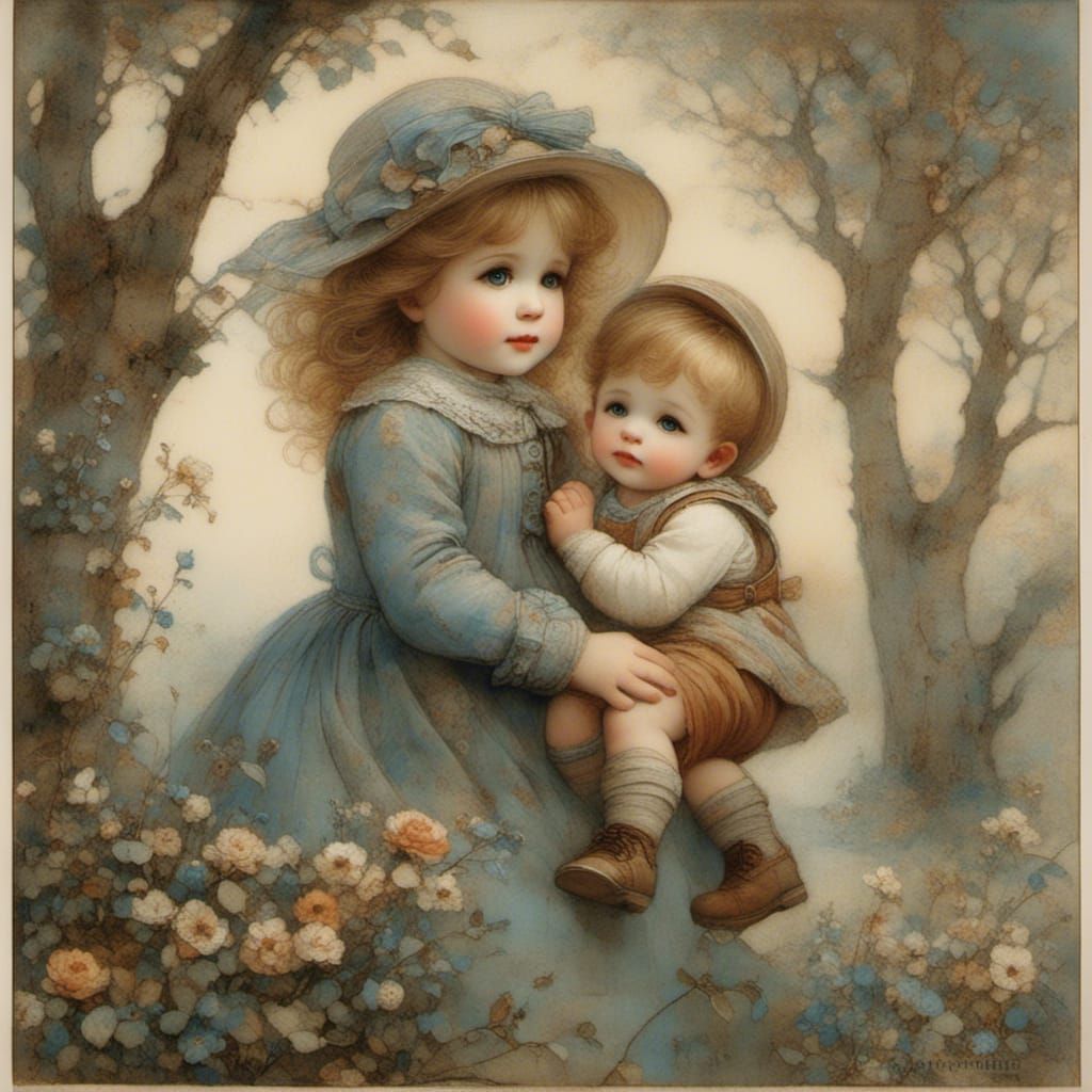 Sister Protecting Brother in Vintage Illustration Style