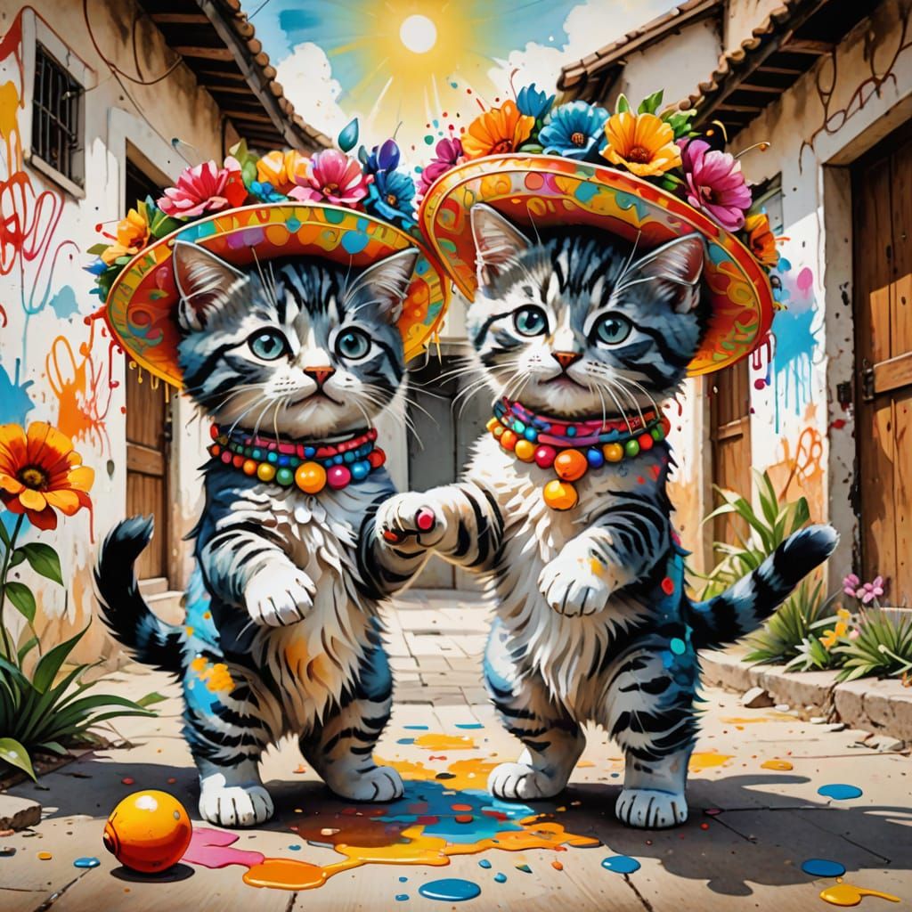 Two fluffy kittens wearing tiny sombreros, playing the maracas in a sun-drenched courtyard. The kittens dance with joyfu...