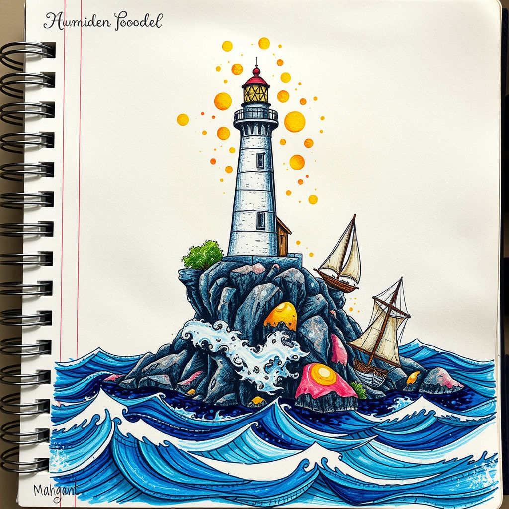 Lighthouse Amidst Stormy Seas: Ink Doodle Seascape