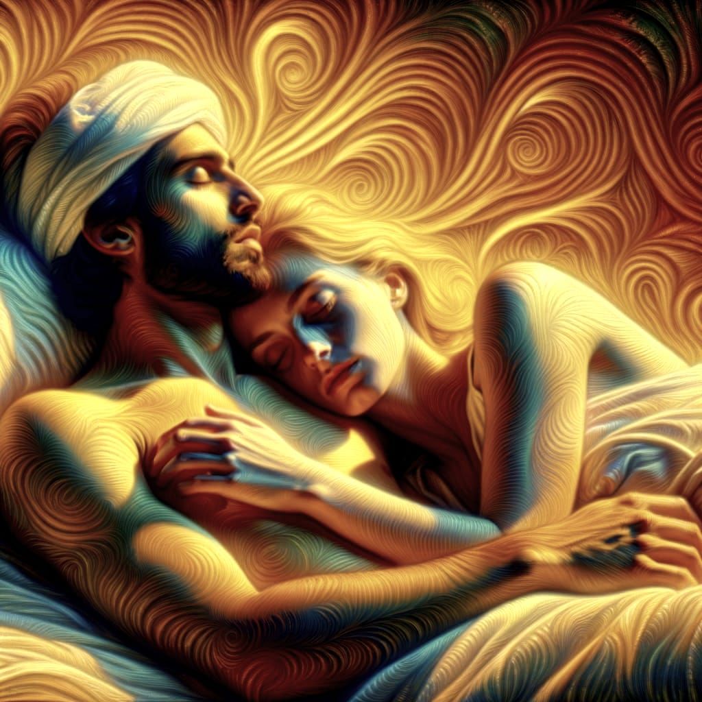 Surreal Couple in Bed, Oil Painting Style