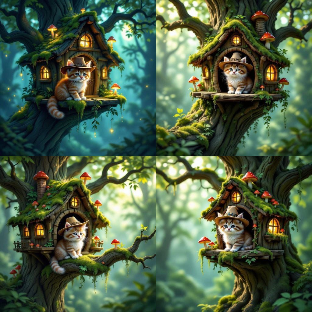 Fluffy Kitten Adventurer in Enchanted Mushroom Treehouse