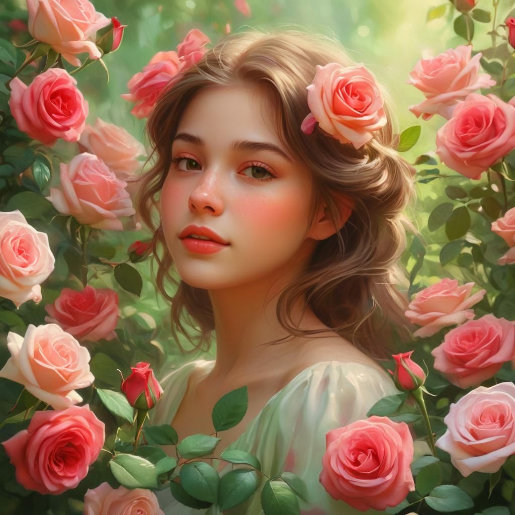 Girl in Rose Garden: Fauvist Expressionist Painting