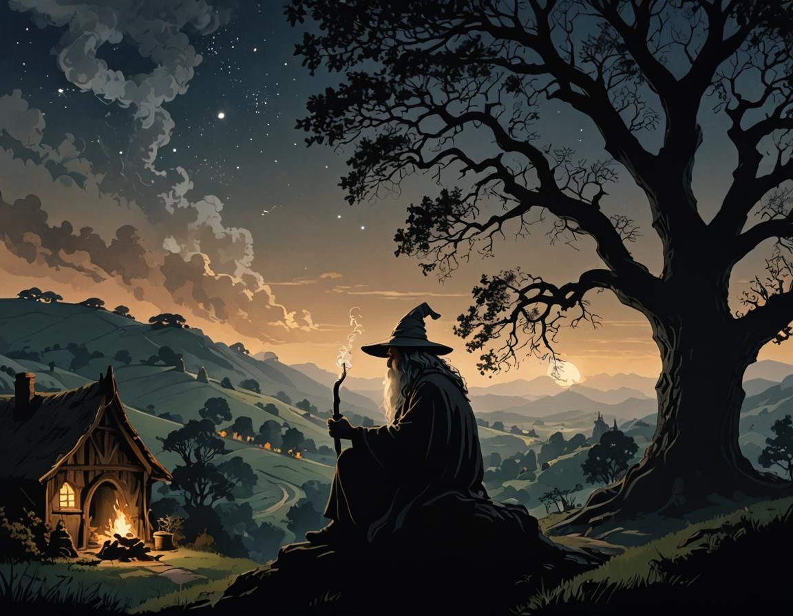 Gandalf Silhouette Smoking Under Night Sky