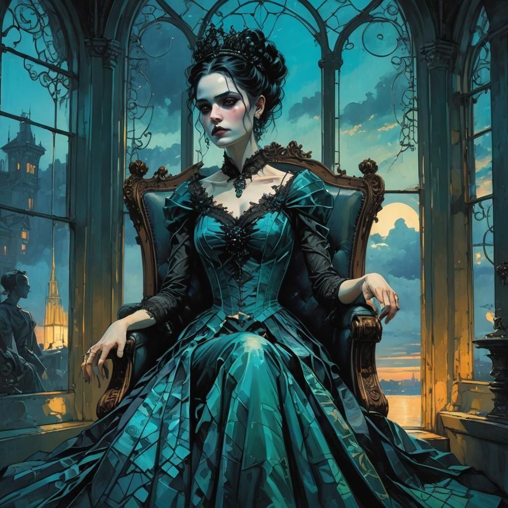 A Beautiful Goth queen in a teal dress