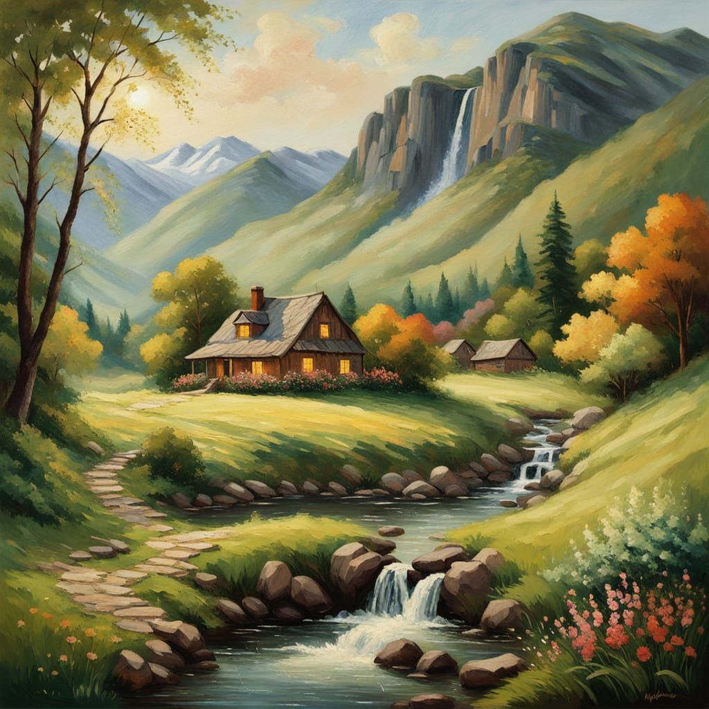 Serene Mountain Landscape with Quilted Embroidery Texture