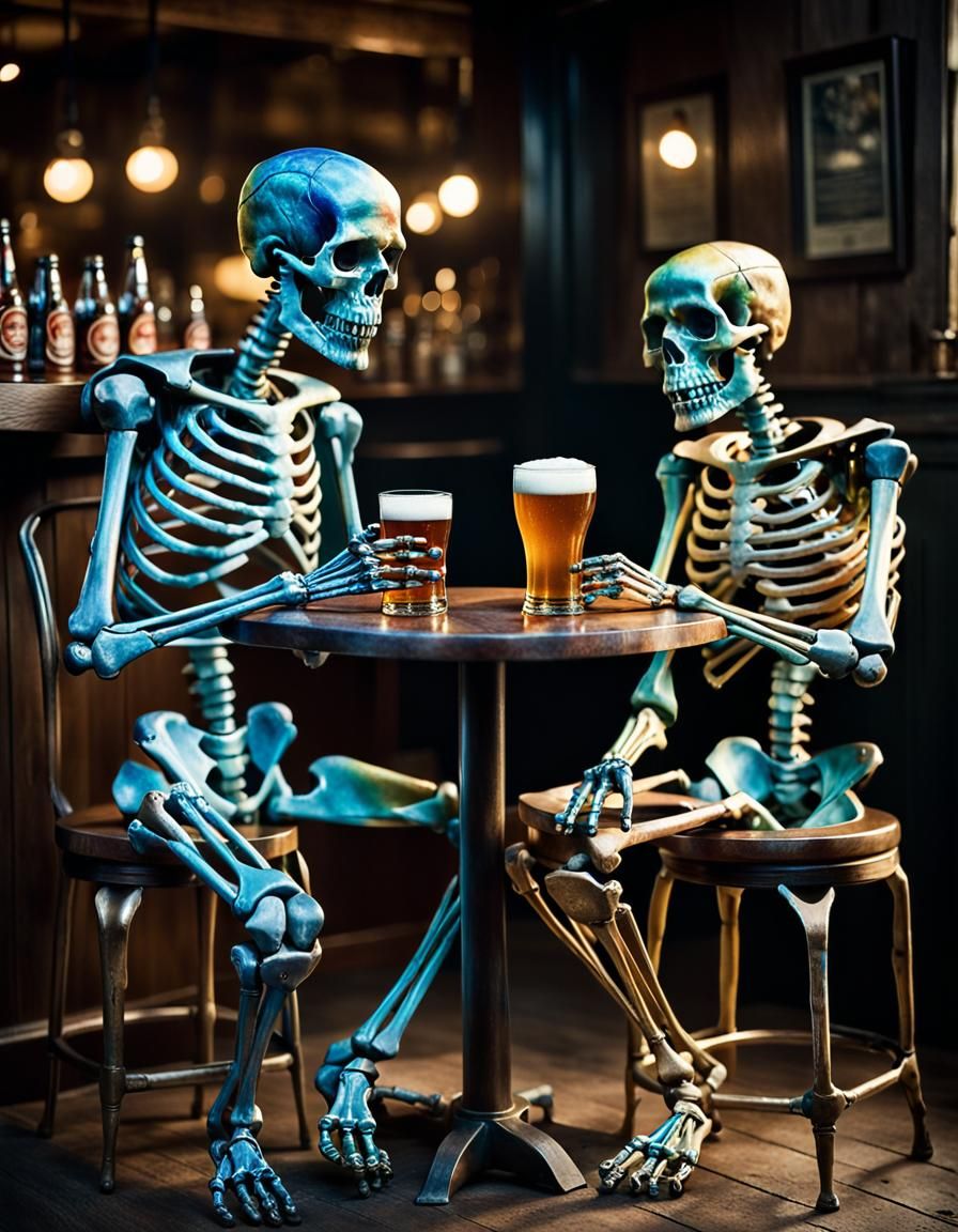 Tie-Dye Metal Skeletons at Bar as Charcoal Drawing
