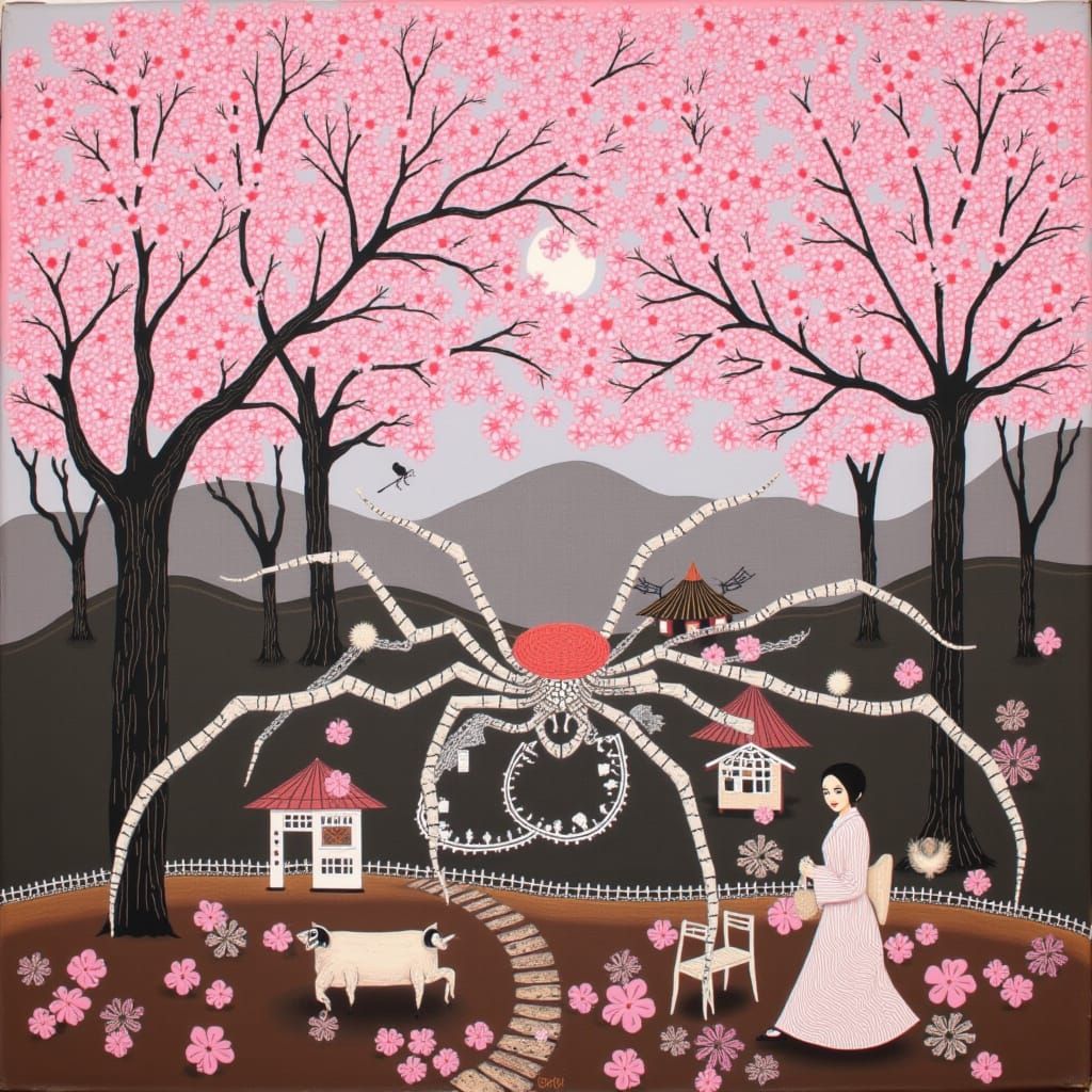 Geisha Among Cherry Blossoms in Spider Town Style