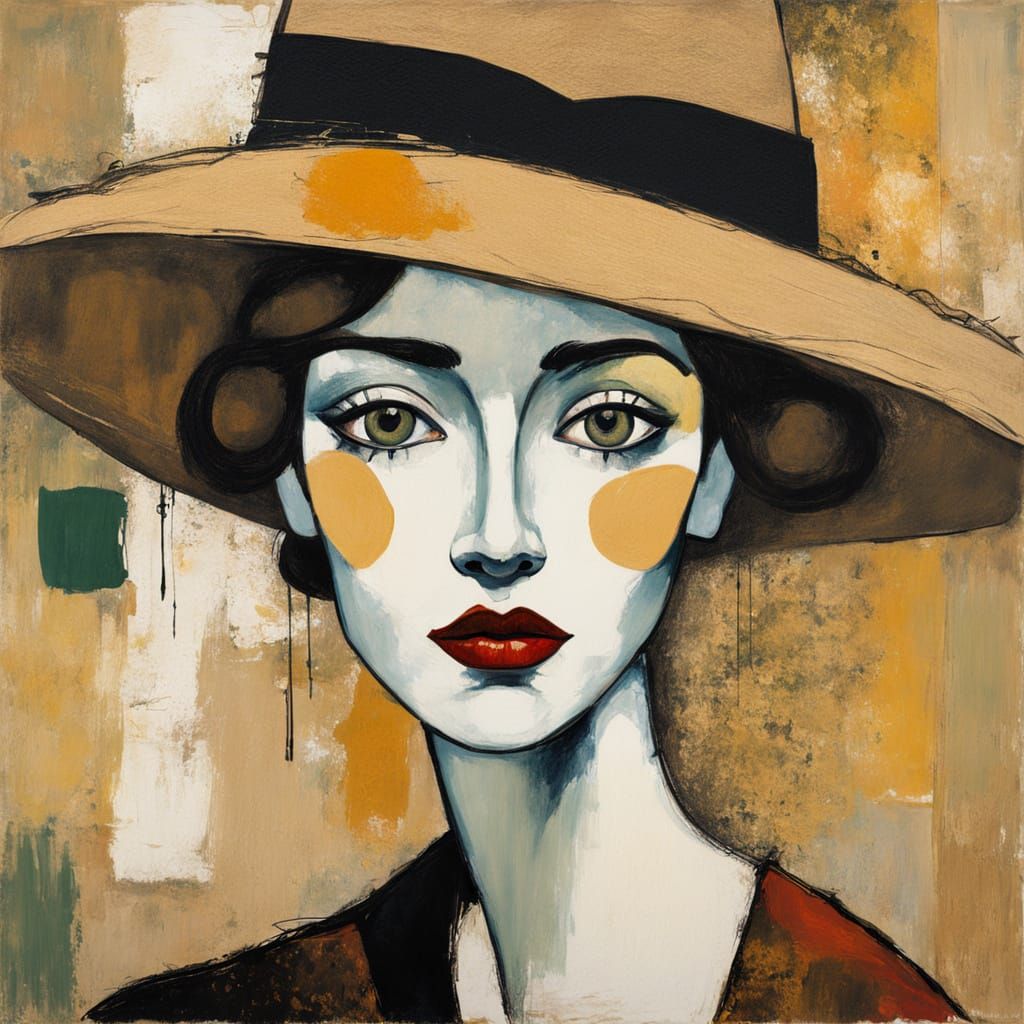 Abstract Expressionist Woman's Face with Hat in Earthy Tones