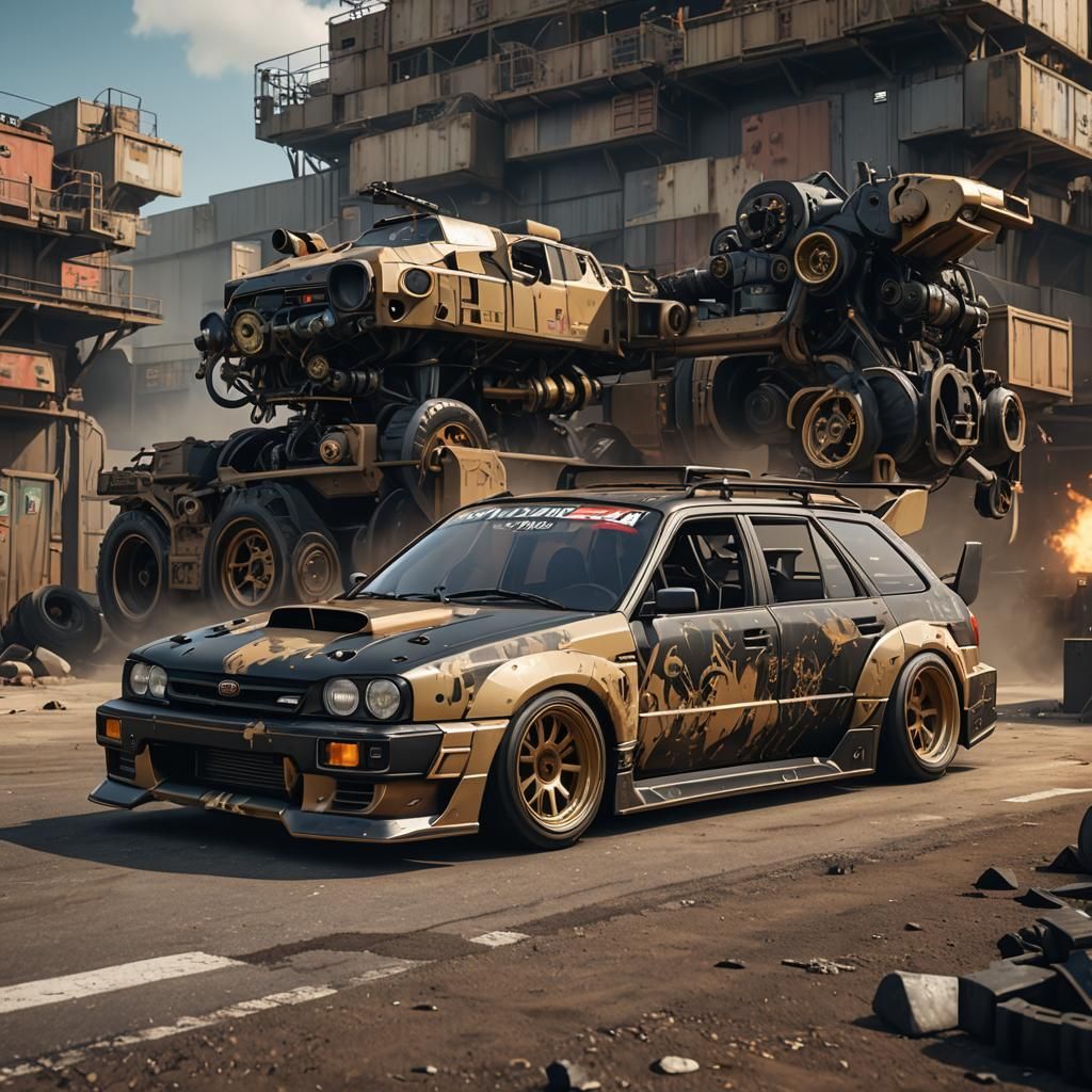 Gundam-Inspired Subaru Rat Rod in Matte Painting Style