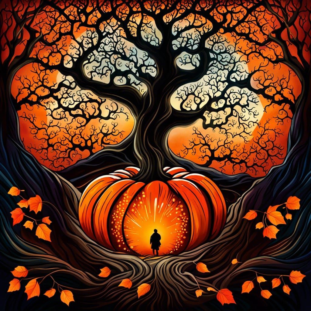 Pumpkin Leaf Tree with Creepy Smile, Digital Painting