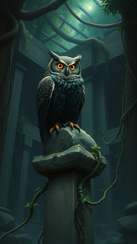 Ancient Obsidian Owl in Forgotten Temple