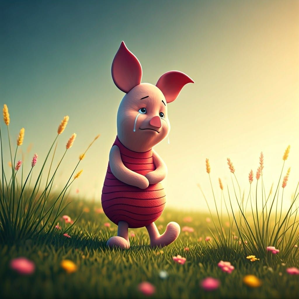 Crying Piglet in Meadow, Luminous 3D Render