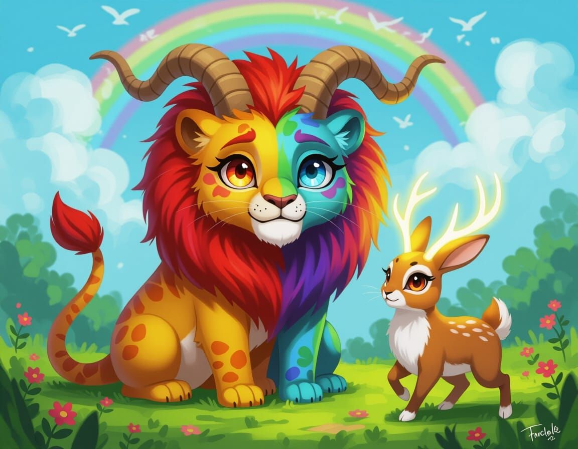 Rainbow Chimaera and Jackalope in Lisa Frank Style