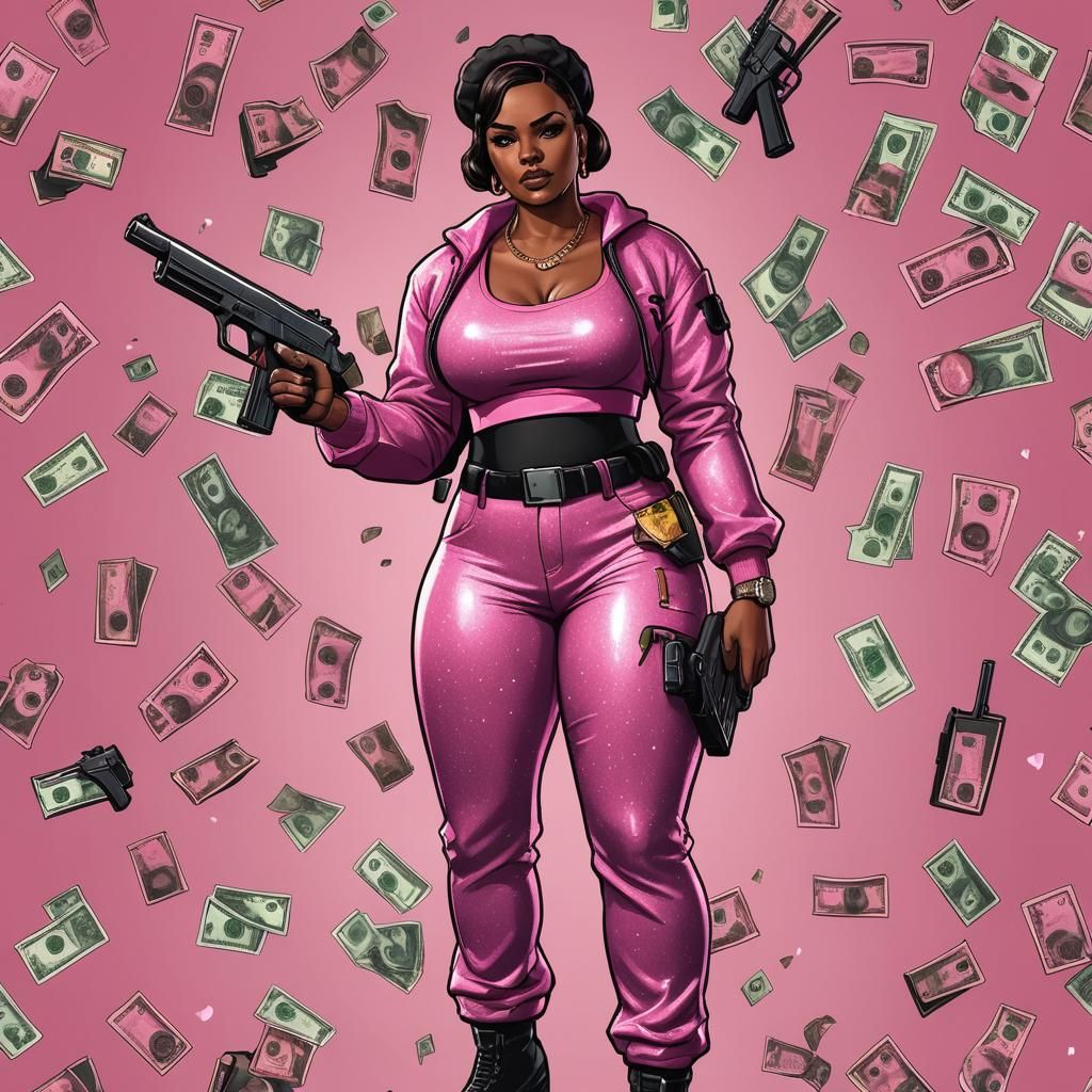 GTAV Cartoon Woman with Pink Pistol and Cash