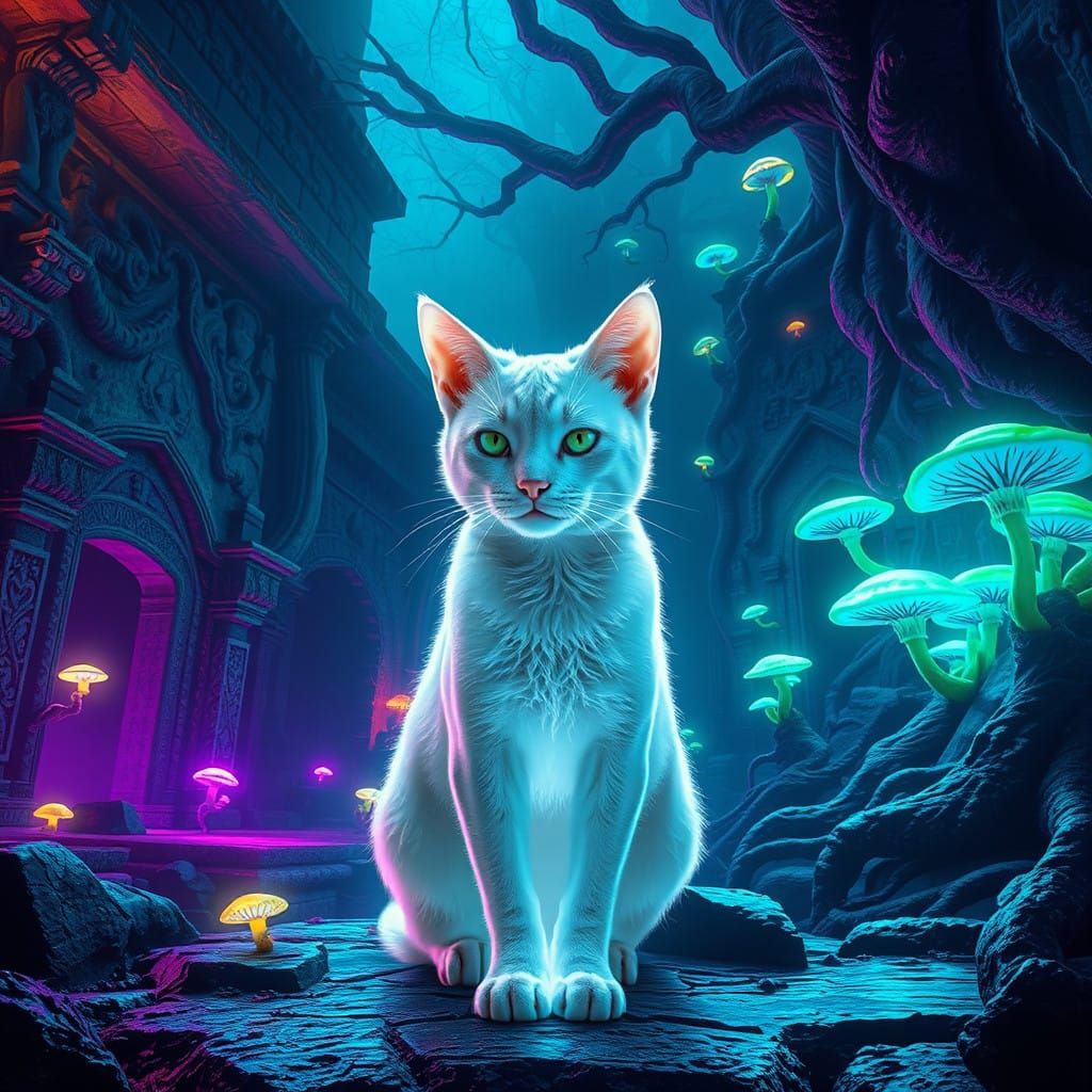 Ethereal White Cat in Blacklight, Ancient Ruins Scene