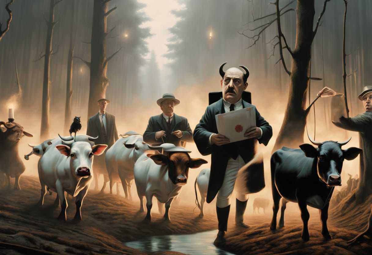 Surrealist Oil Painting of Cows and Dogs Voting