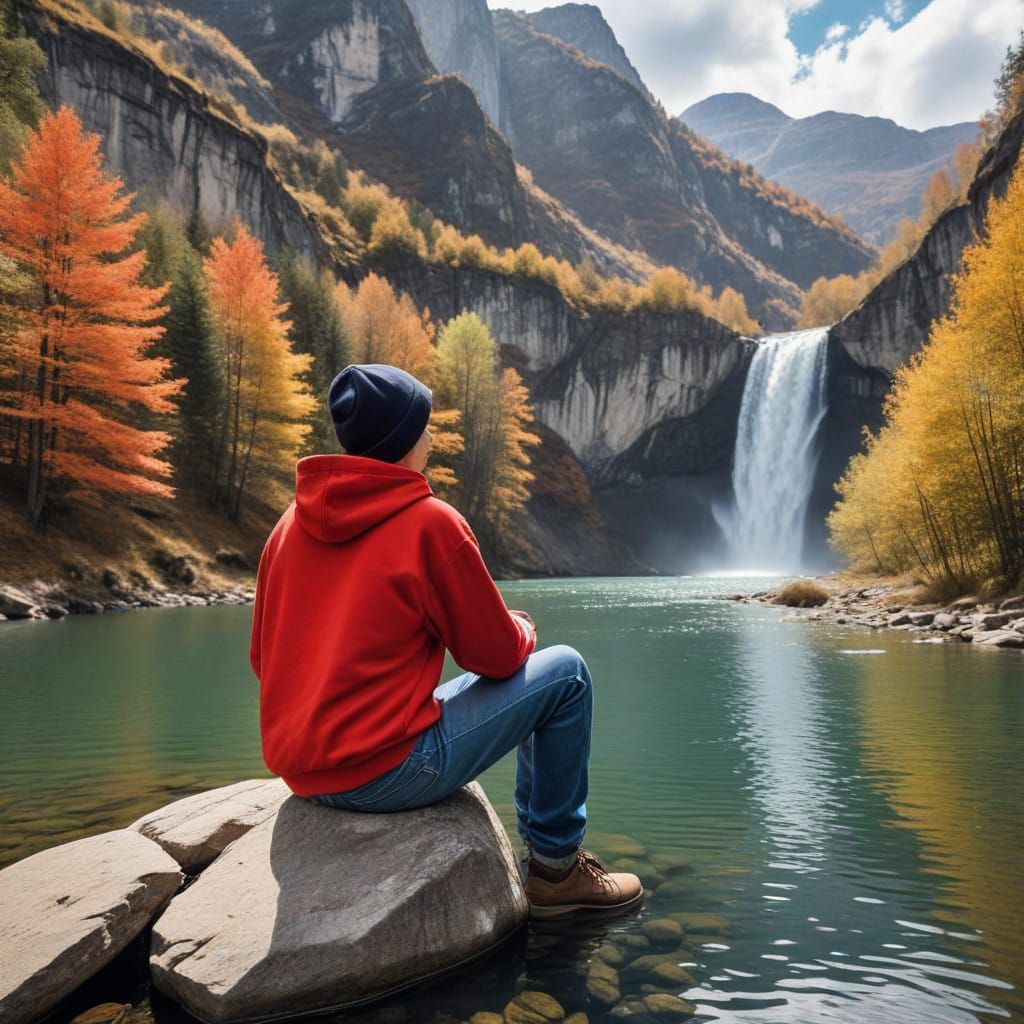 A Young Man Sits by a Waterfall in the Autumn Forest