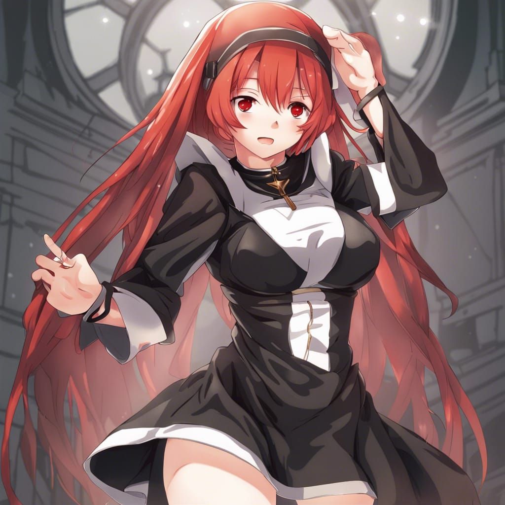 Red Hair Girl in Anime Style Nun Outfit
