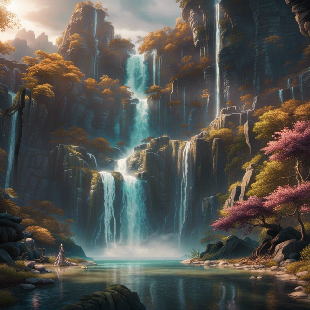Fantastical Waterfall Scene in Detailed Matte Painting