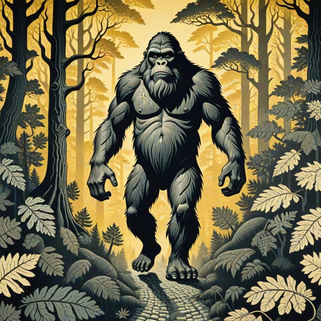 Bigfoot in Forest: Escher-Inspired Lithograph