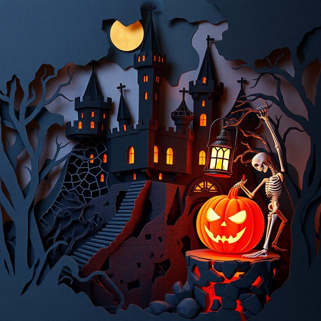 Kirigami paper art in pop up art book style a Halloween-them...