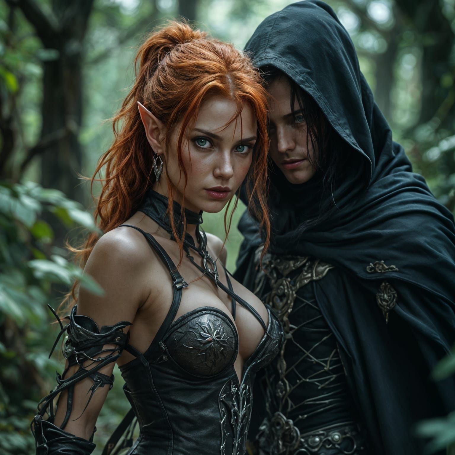 Elf Scout and Sorcerer Track Monster in Forest