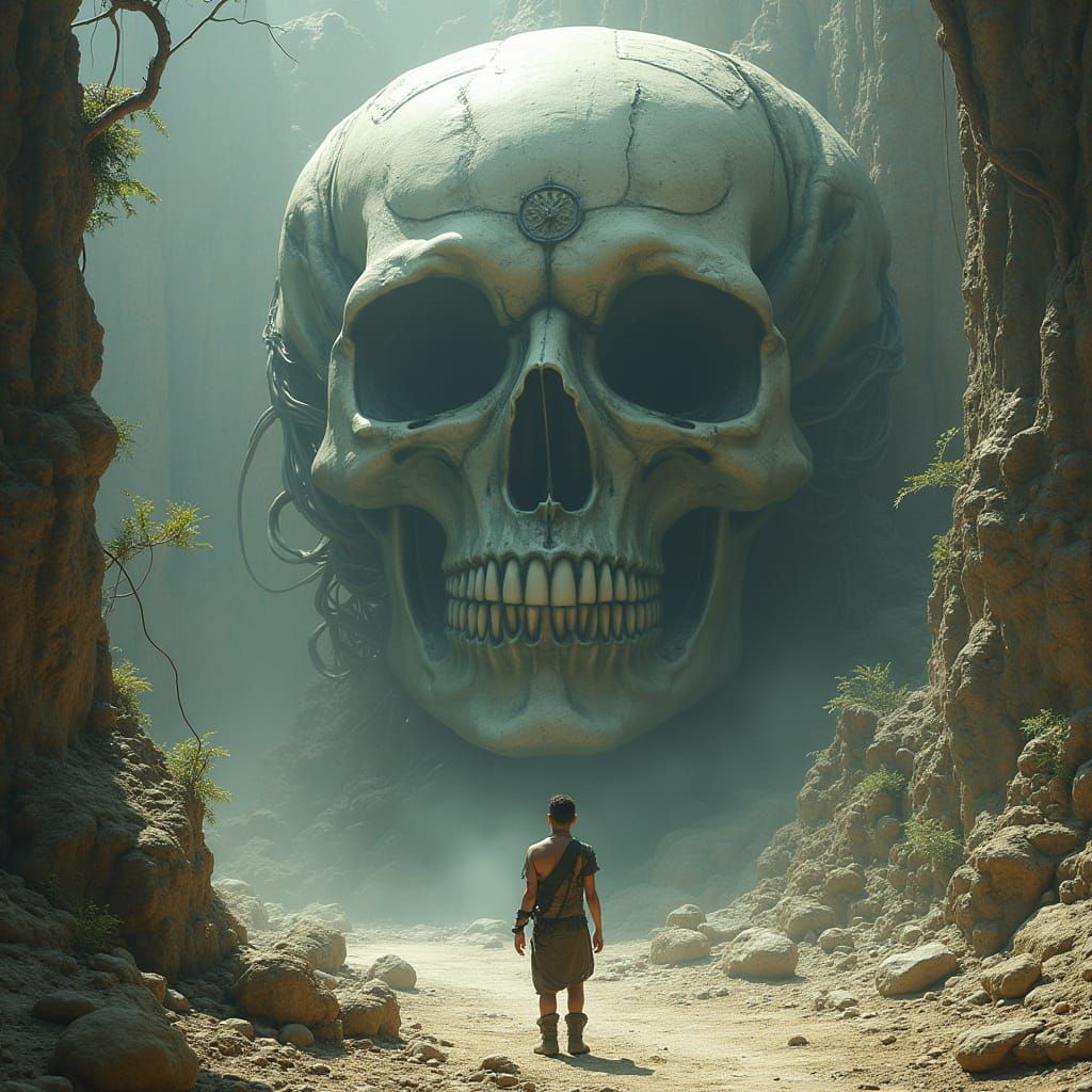Biomechanical Skull on Alien World in Surreal Style