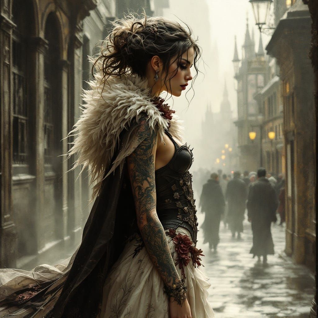 Art Nouveau Woman with Tattoos in Foggy City