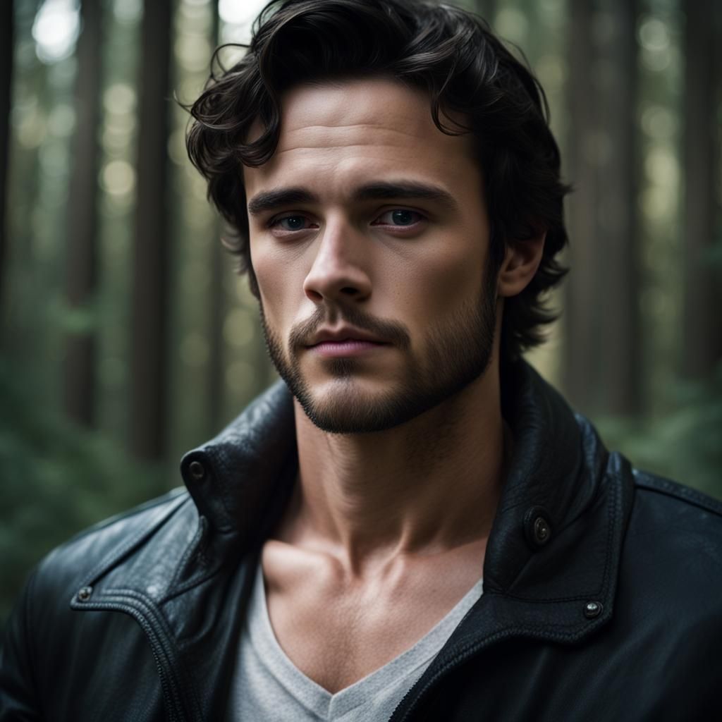 in the forest, is running a beautiful boy with short black hair and a short beard, a perfect blend of young marlon brand...