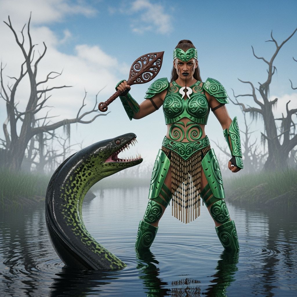 Maori Warrior in Chrome Armor Confronts Serpent