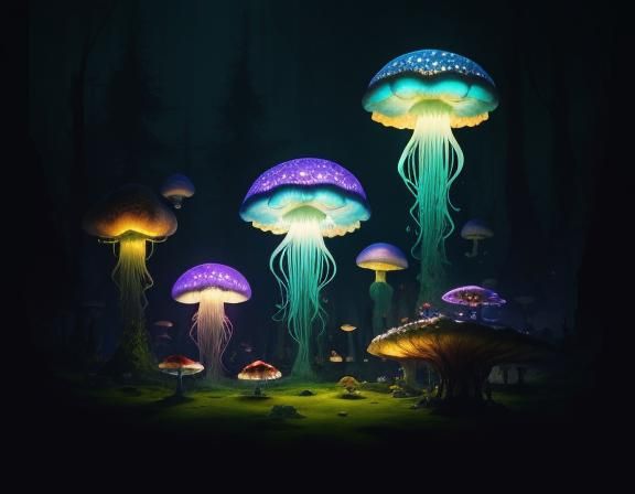 Jellyfish in Toadstool Forest: Beatrix Potter Style