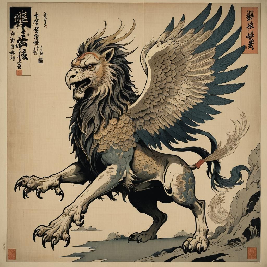 Symbolic Hippogryph in Ukiyo-e Minimalist Style