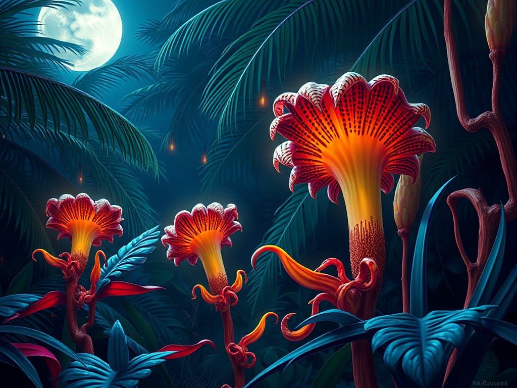 Luminous Tropical Carnivorous Plant in a Dreamlike Moonlit S...