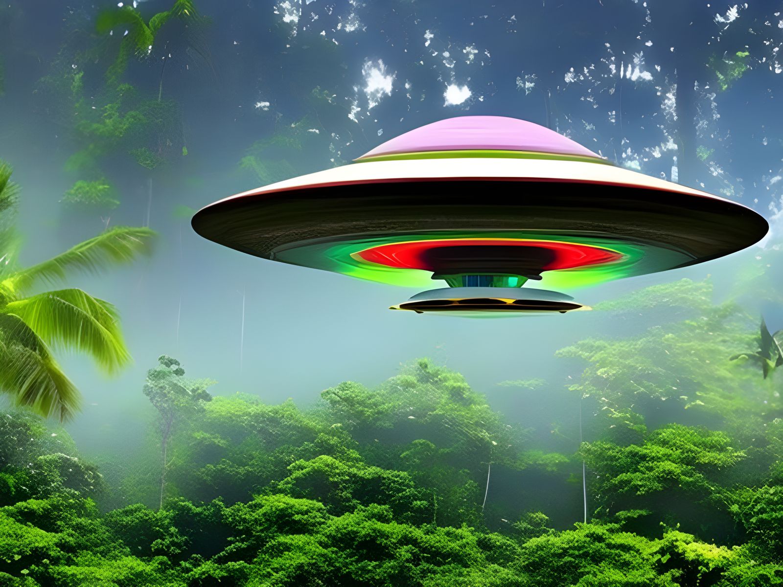 Flying Saucer in Jungle with Alien Lights