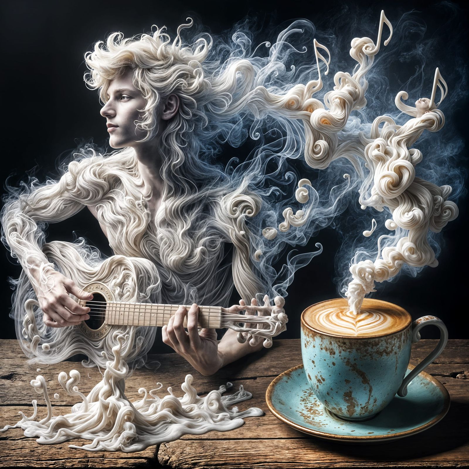 Ethereal Man Plays Guitar Surrounded by Coffee
