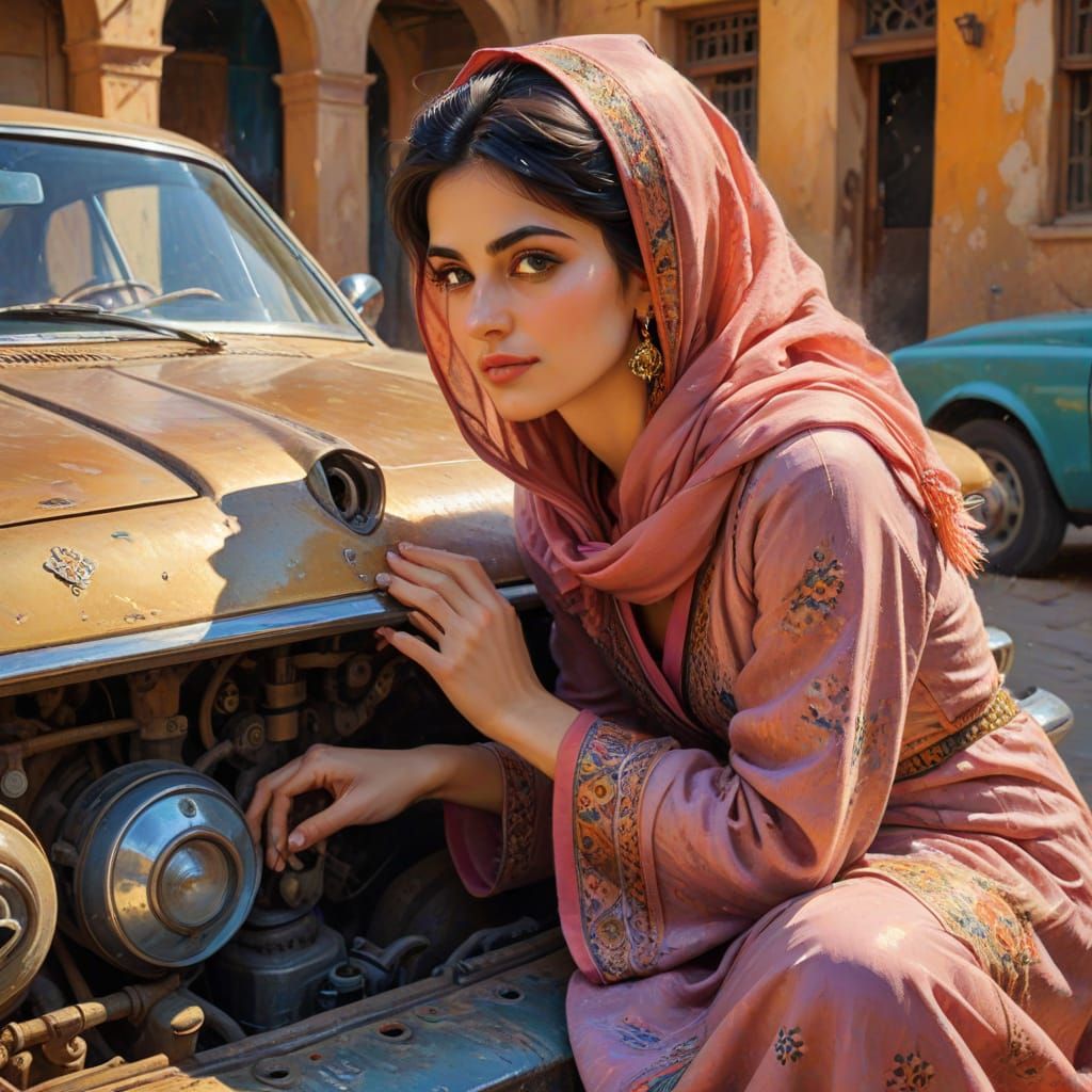 Iranian Woman Repairs Car as Fauvist Oil Painting
