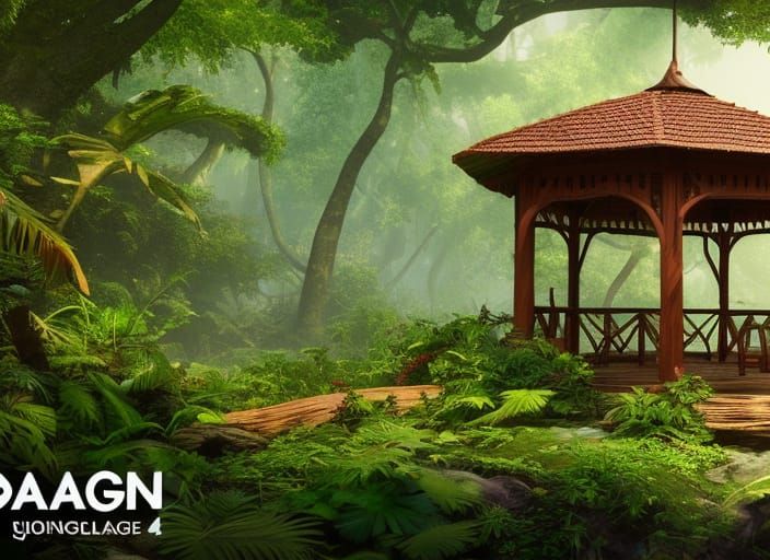 Gazebo in Lush Jungle: Detailed Matte Painting