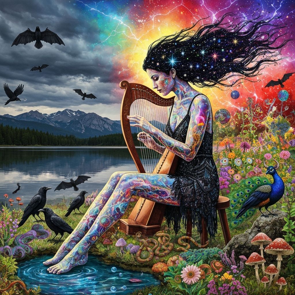 Woman Composing Music on Harp Amidst Twin Flame Love