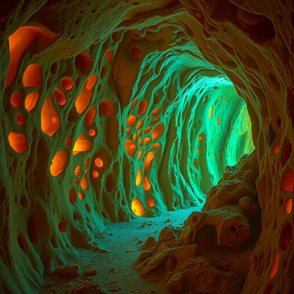 Glowing Cheese Cave in a Haunting, Dreamlike Atmosphere