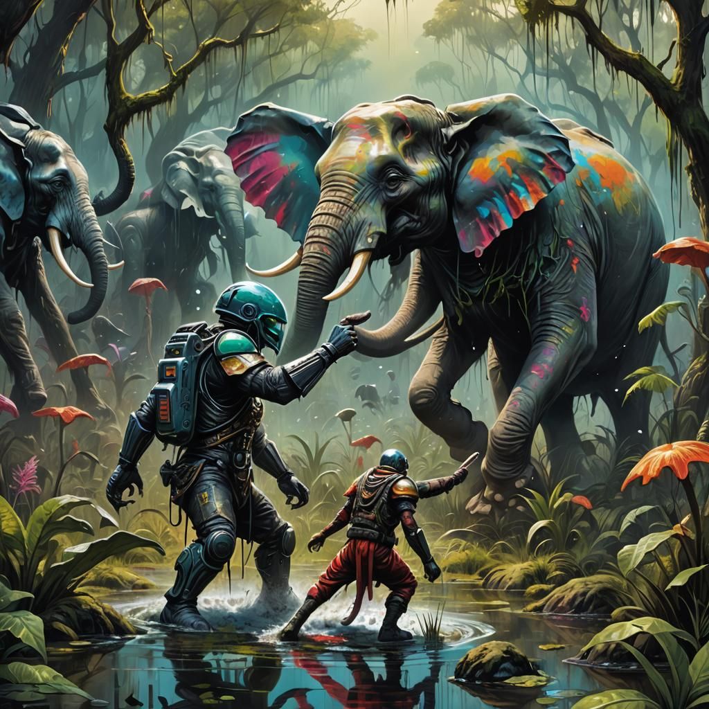 Alien Warrior vs Elephant Humanoid in Graffiti Art