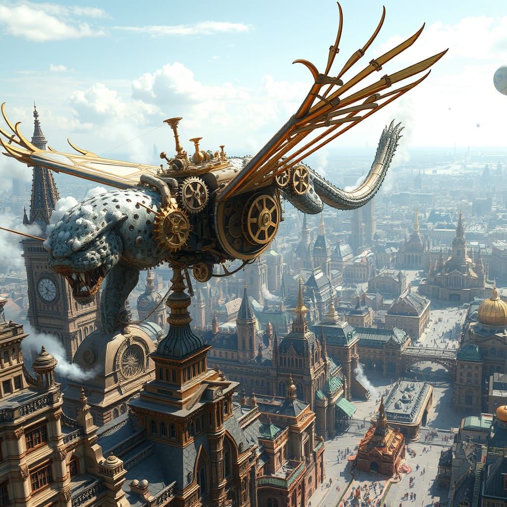 Steampunk Ornithopter Snow Leopard Soars Above Victorian Cit...