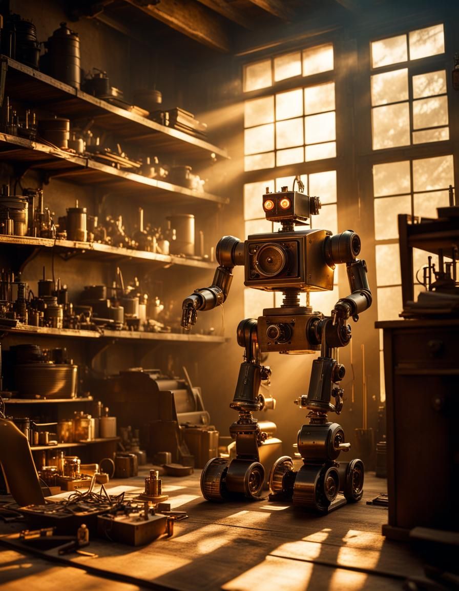 Steampunk Robot Builds Modern Robot in Workshop