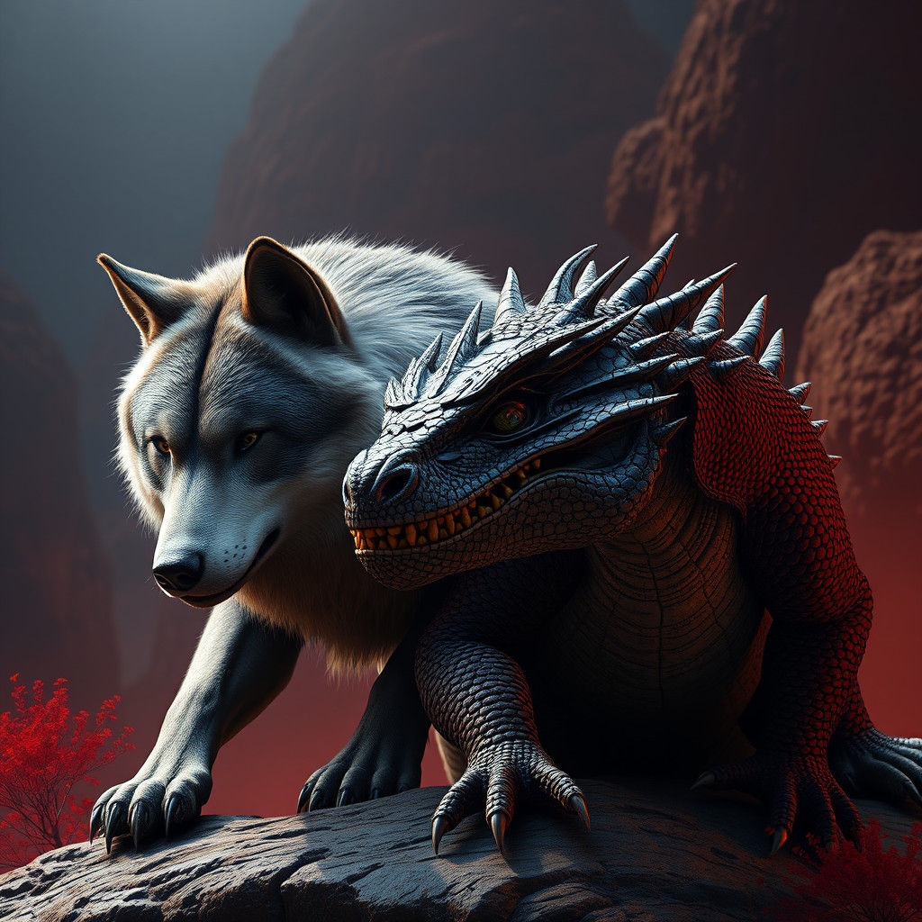 Wolf and Dragon in Matte Painting Style