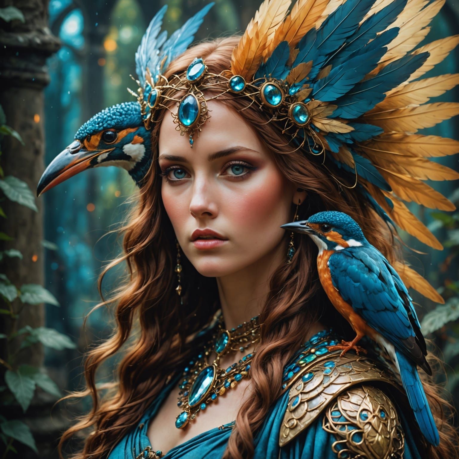 Goddesslike Alkonost in Renaissance Glitch Art Style