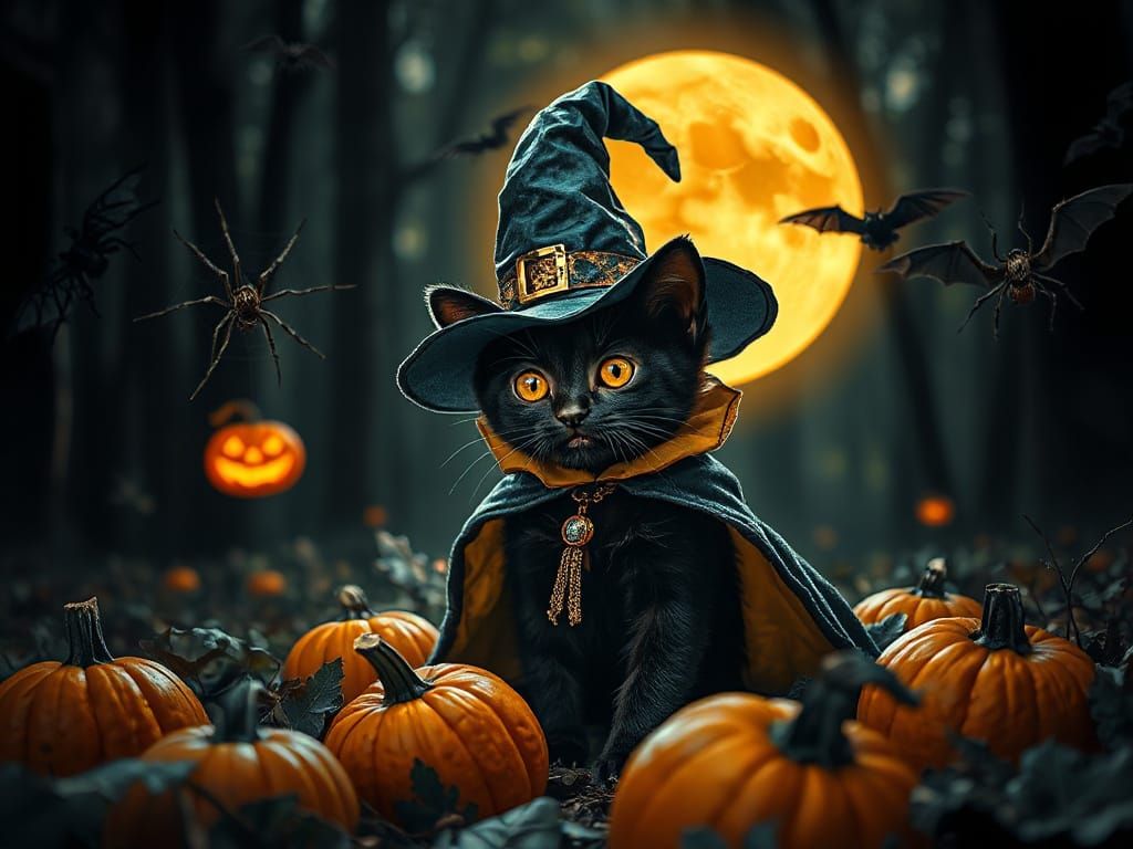 Black Kitten with Jack-o'-Lantern Head in Spooky Forest