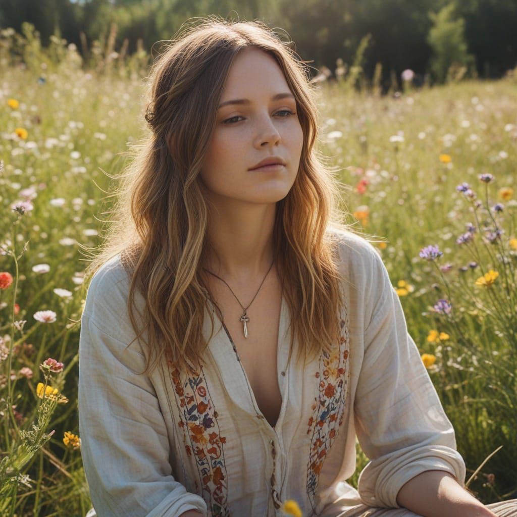 Serene Hippie Meditates Amidst Vibrant Wildflowers
