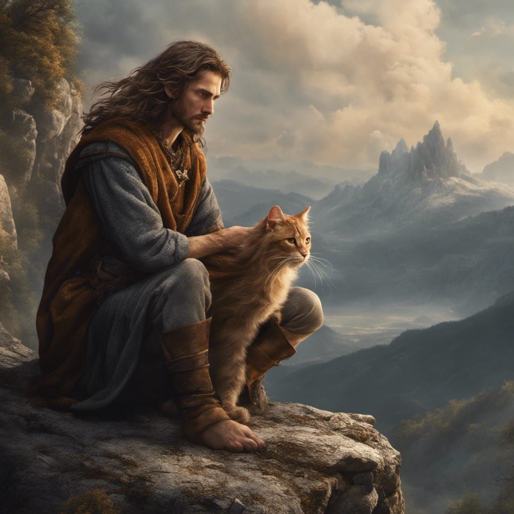 Medieval Man Crouching on Mountain Ledge